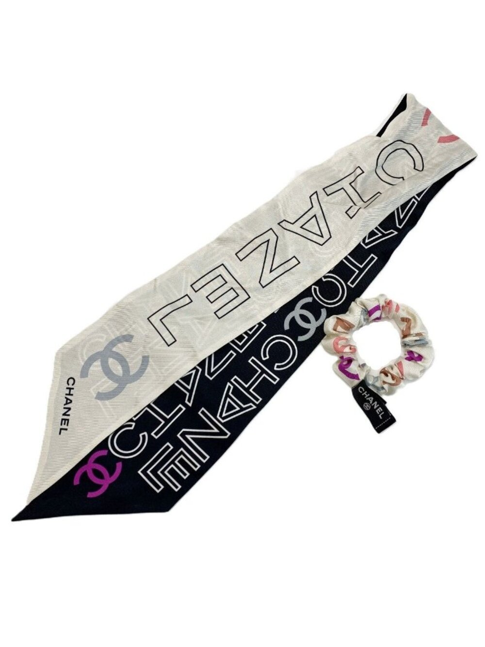 Chanel Scarf Scrunchie Set CC Logo Multicolor Silk